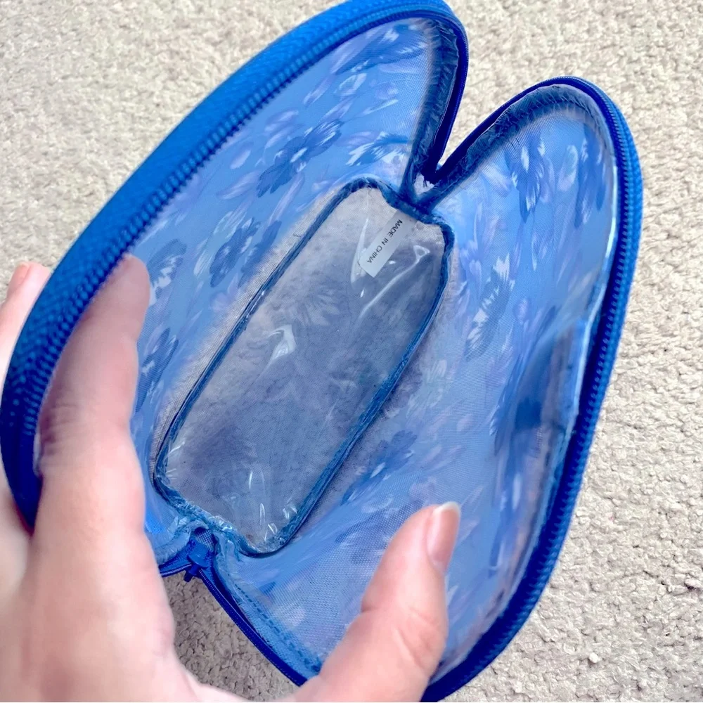Avon Blue Floral Mesh Makeup Cosmetics Bag Case Pouch